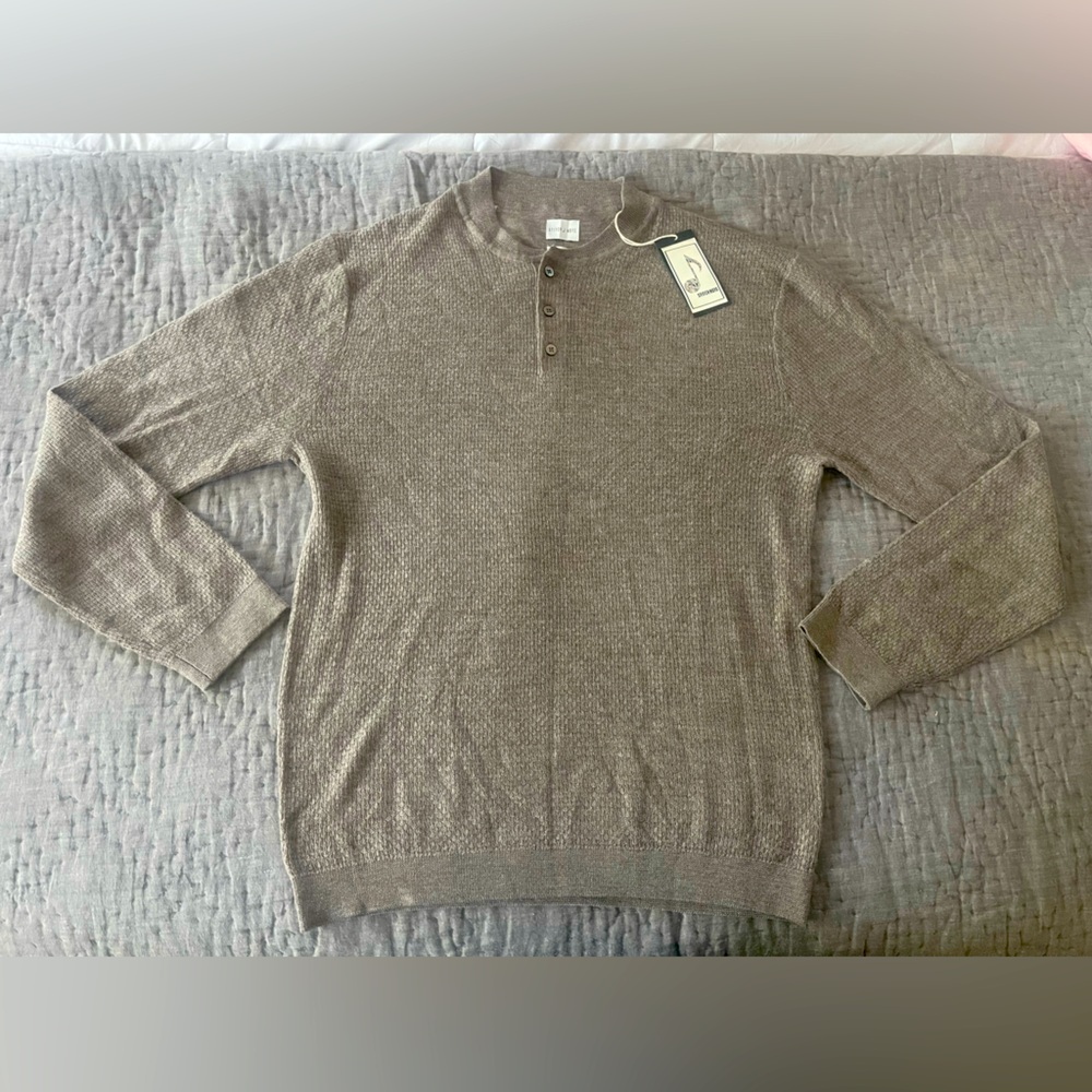 NWT Stitch Note Men's Tan Henley Sweater medium 100% merino wool lightweight HTF